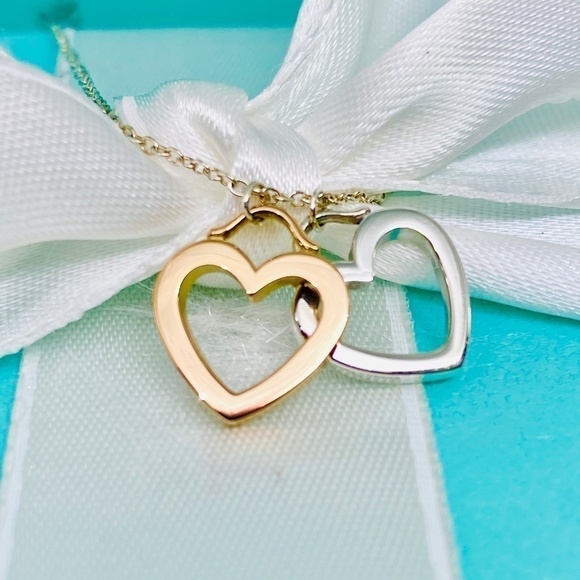 TIFFANY & CO Double sentimental Heart Necklace 18k Gold 925 Silver retired! - Picture 1 of 11